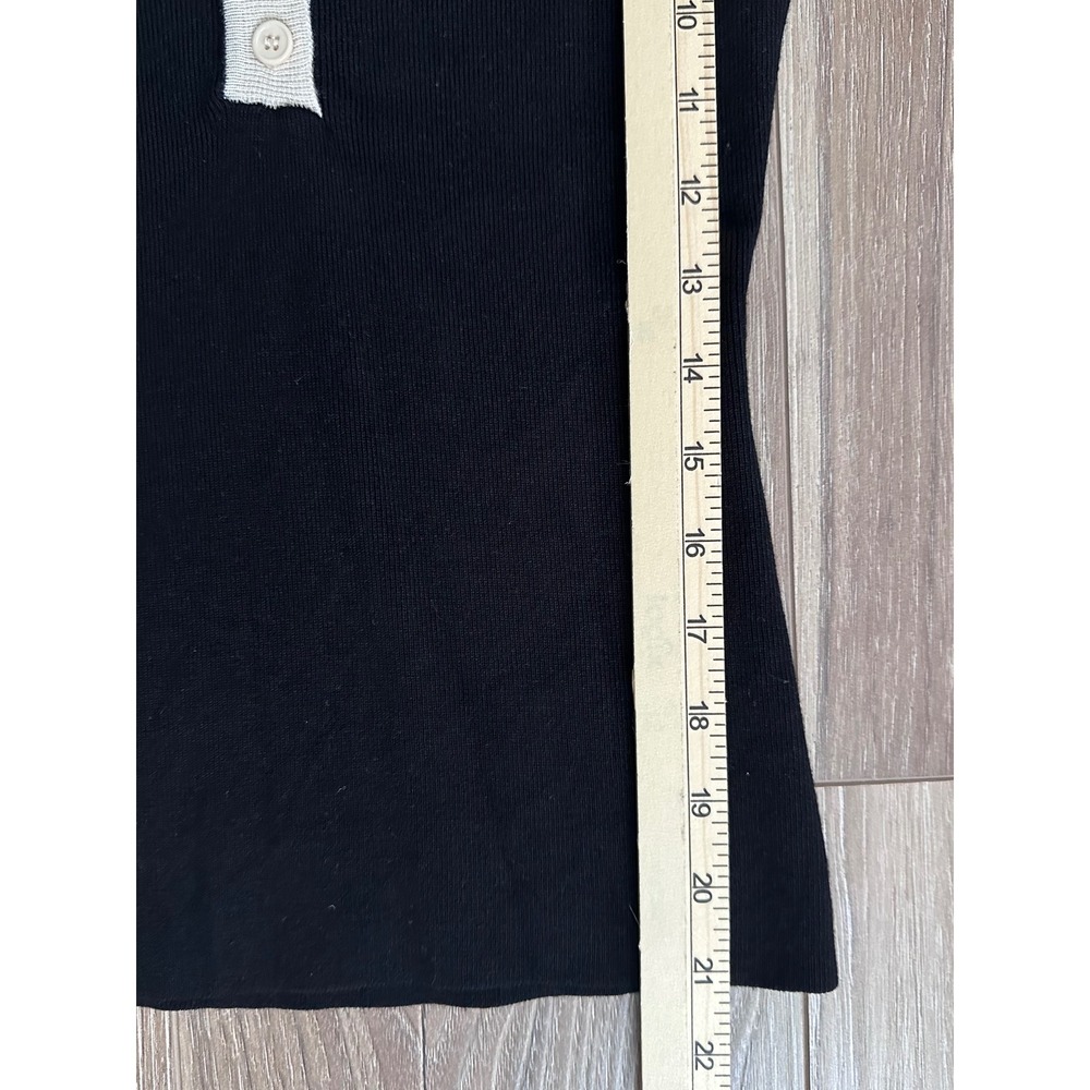 Commense Black Ribbed Knit Polo Top SM Long Sleeve Contrast Collar Office Siren - Picture 4 of 8